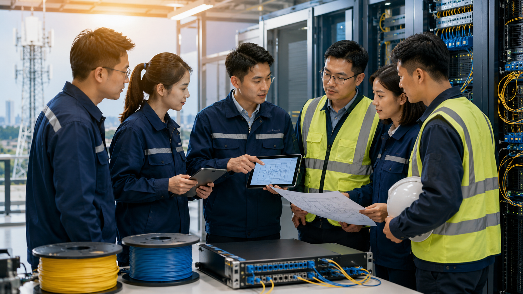 云网科技通信工程师团队在数据中心讨论技术方案